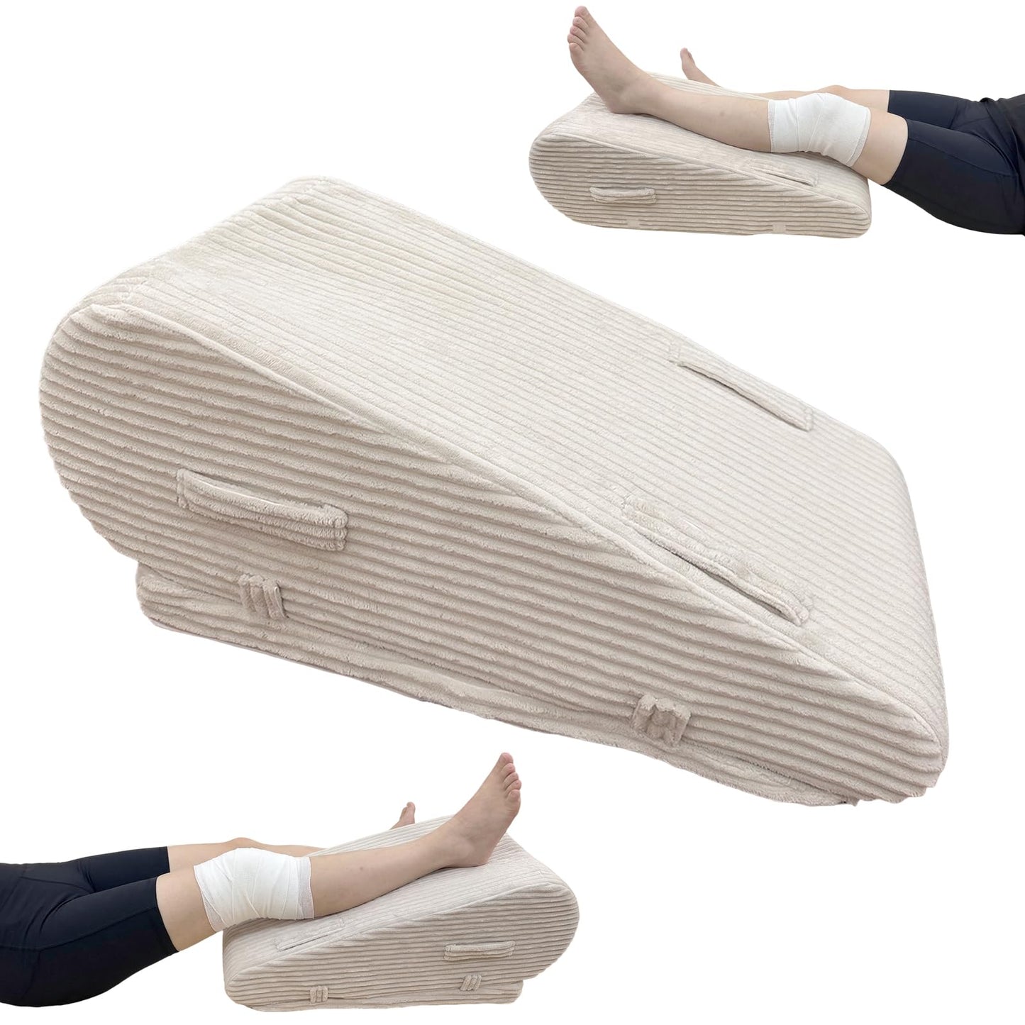 Wellbrance Leg Elevation Pillow for After Surgery, Adjustable Height Leg Wedge Pillow with Medical Grade Foam & Beige Corduroy Cover, Single Knee Elevation Pillow for Swelling Relief & Sleep