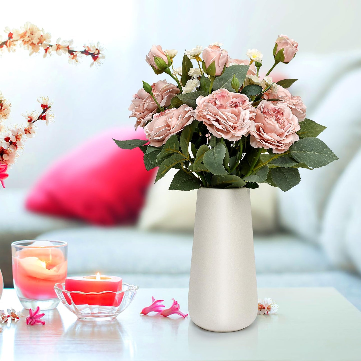 Tobilu Fake Flowers in Ceramic Vase, Artificial Pink Flower Bouquet with Vase Floral Arrangements for Mantel Dining Table Coffee Table Centerpieces - Dusty Pink