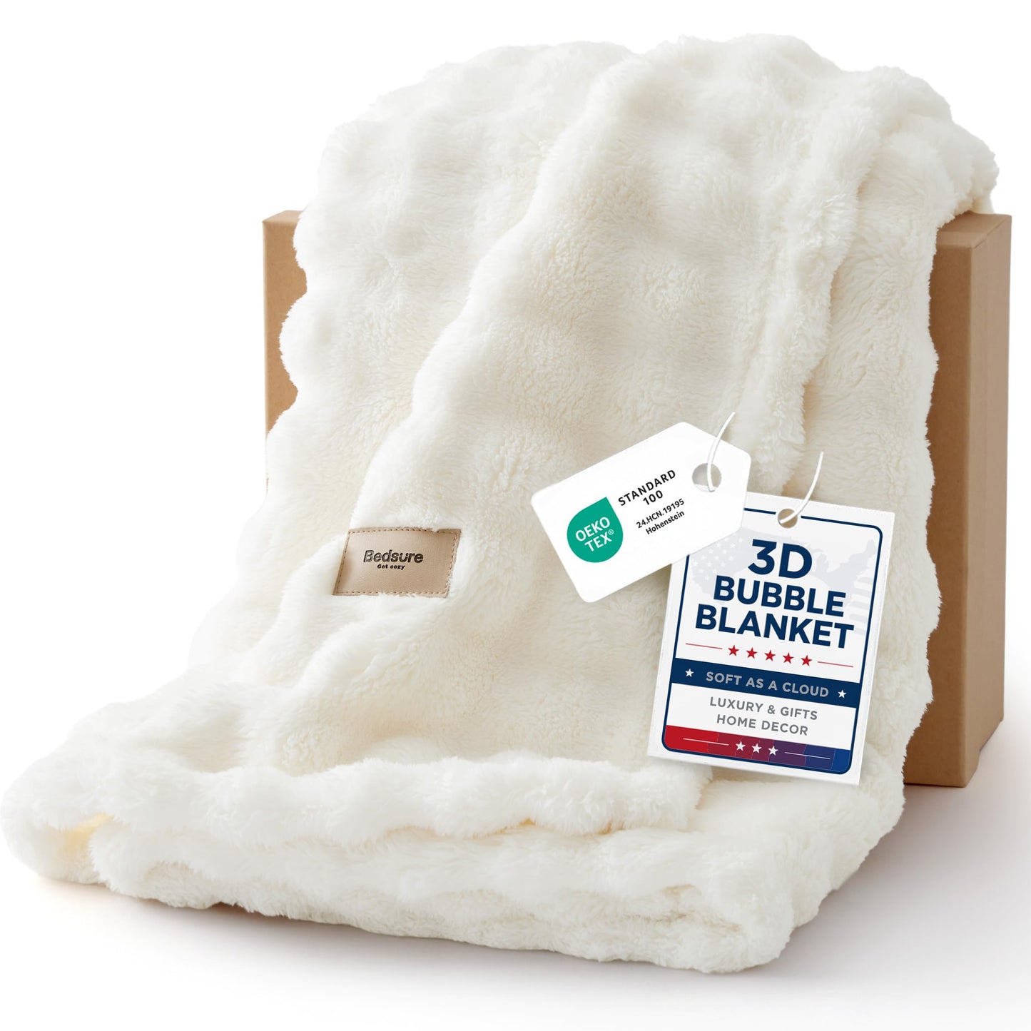 Bedsure 3D Fleece Bubble Blanket for Couch - GentleSoft Cute White Throw Blanket for Sofa Bed Room Decor - Luxury Soft Cozy Cloud Blanket Mothers Gifts for Women, Lightweight, Off White, 50"×60"