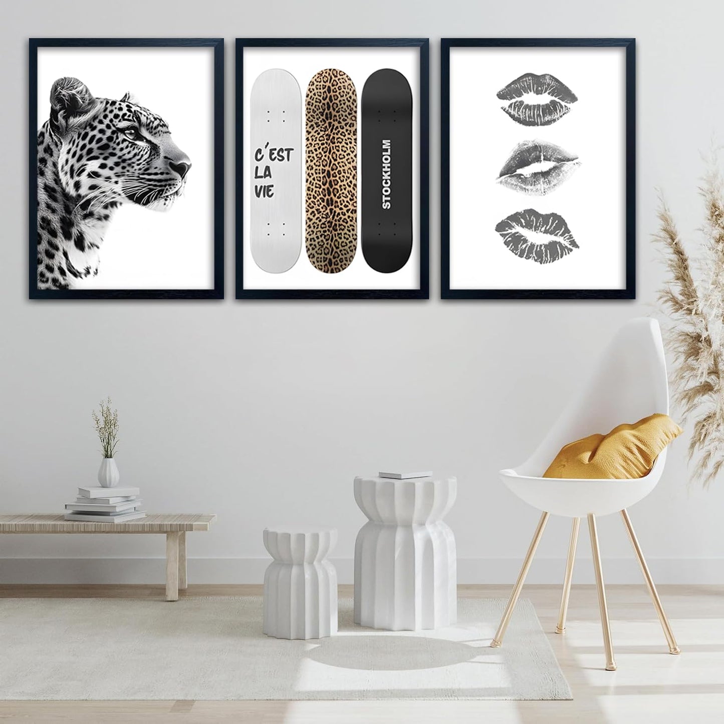 Framed Stockholm Style Canvas Wall Art Set of 3 Black and White Fashion Leopard Print Lips, Preppy Room Aesthetic Cheetah Wall Decor for Girls Bedroom Apartment or Dorm12x16 Inch Black Wood Frame