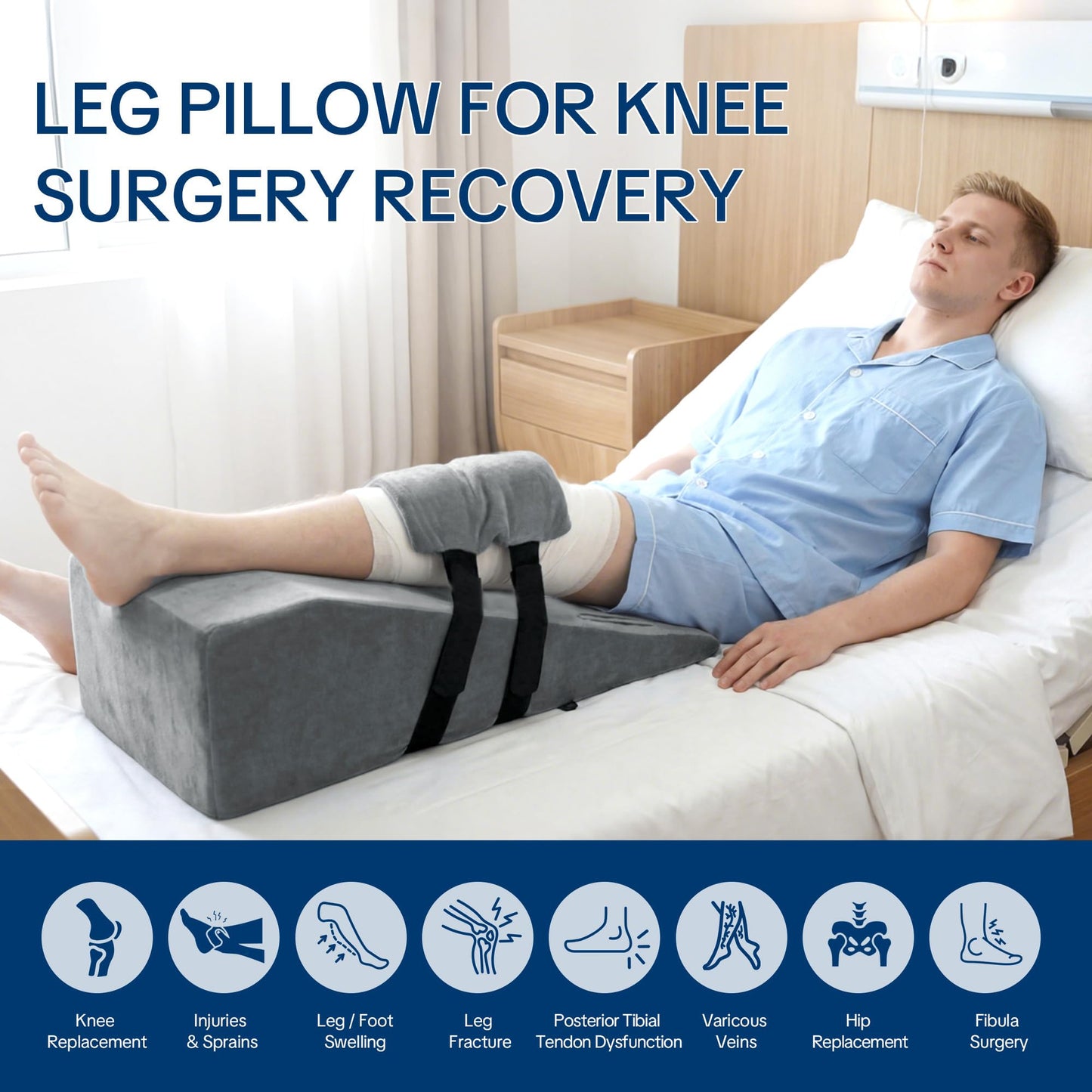 HOMBYS Leg Elevation Pillow After Surgery with 2 Cold Therapy Packs, Post-Surgery Knee Replacement Pillow for Pain Relief & Swelling Reduction, Single Leg Ankle Support, Home Recovery Equipment