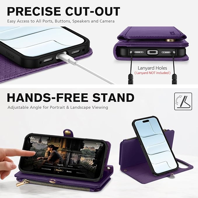 TUCCH Removable Crossbody Wallet Case for iPhone Air 6.5", RFID Blocking 9 Card Holders, Lanyard, Wrist Strap, Wireless Charging, Stand, Zipper Pocket, PU Leather, Magnetic Flip Cover, Deep Purple