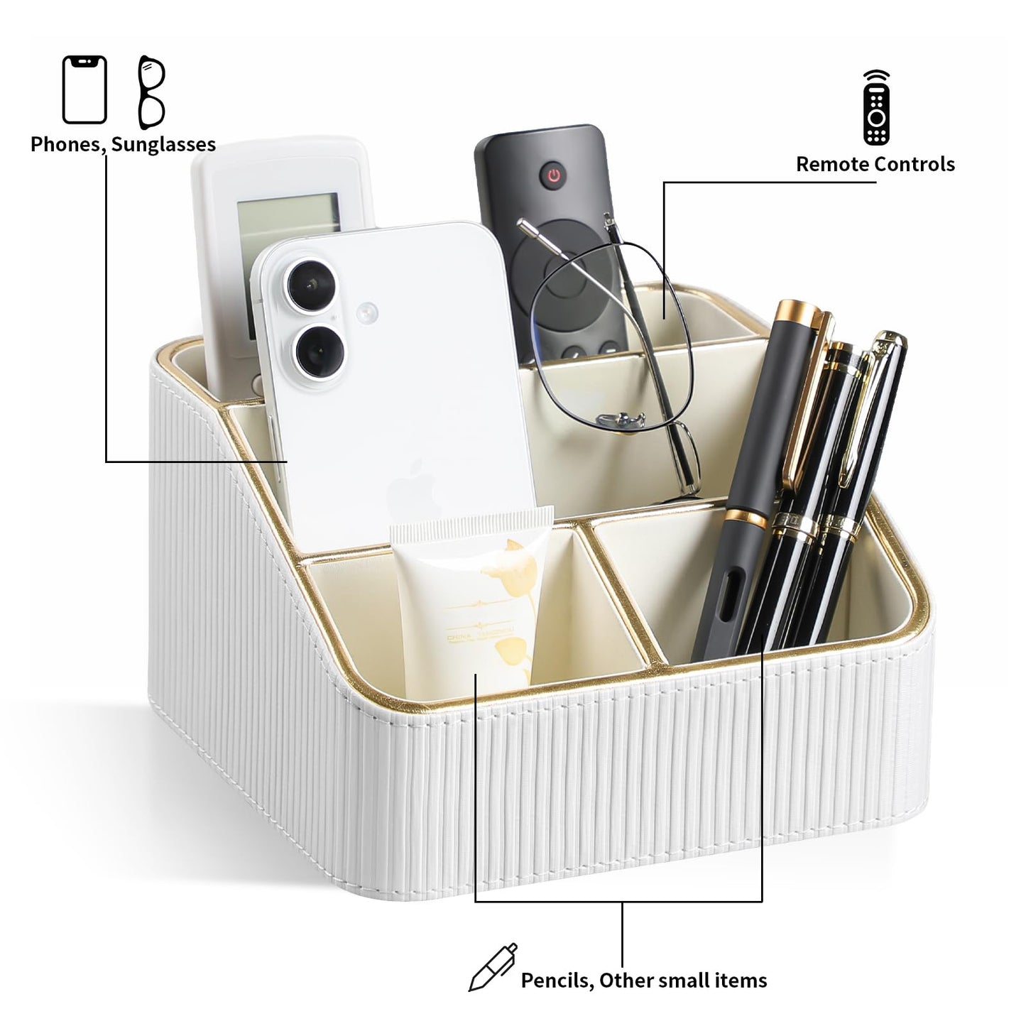Cretkhp Remote Control Holder with 4 Compartments, PU Leather Small Nightstand Organizer for Home Desk Accessories Office Supplies, Multifunctional Stylish Small Bedside Desktop Organizers (White)