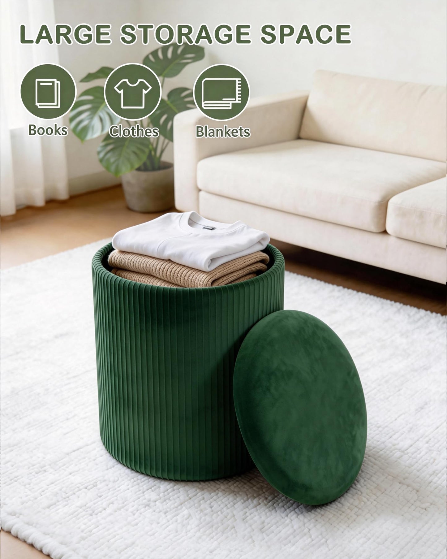 LITZFUR Round Ottoman with Storage,Velvet Upholstered Vanity Stool & Folding Foot Rest,Coffee Table for Living Room,Bedroom,Dark Green