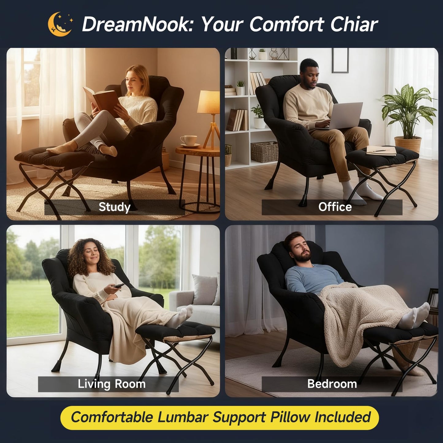 DreamNook Lazy Chair with Ottoman, Modern Accent Chair with Lumbar Pillow, Black Sofa, Armchairs with Folding Footrest, Oversized Supportive Chairs for Bedroom, Reading