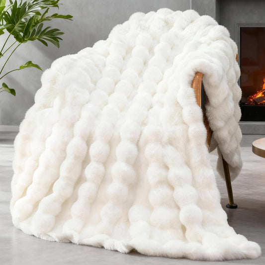 Faux Fur Queen Blanket for Couch, 1000 GSM Cozy Fuzzy Fluffy Soft Plush Thick Bubble Sherpa Blanket for Sofa Bedroom Living Room, Mothers Day Birthday Gifts for Women Home Decor