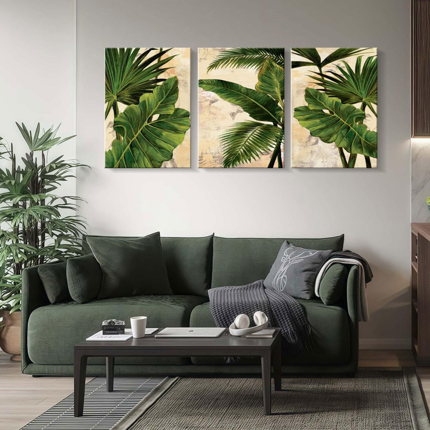 3pcs Framed Palm Leaves Banana Leaf Tropical Plants Wall Art Decor Canvas Print Nature Style Home Greenery Pictures Poster Gallery Bedroom Living Room Studio 16x24 Inch Ready to Hang