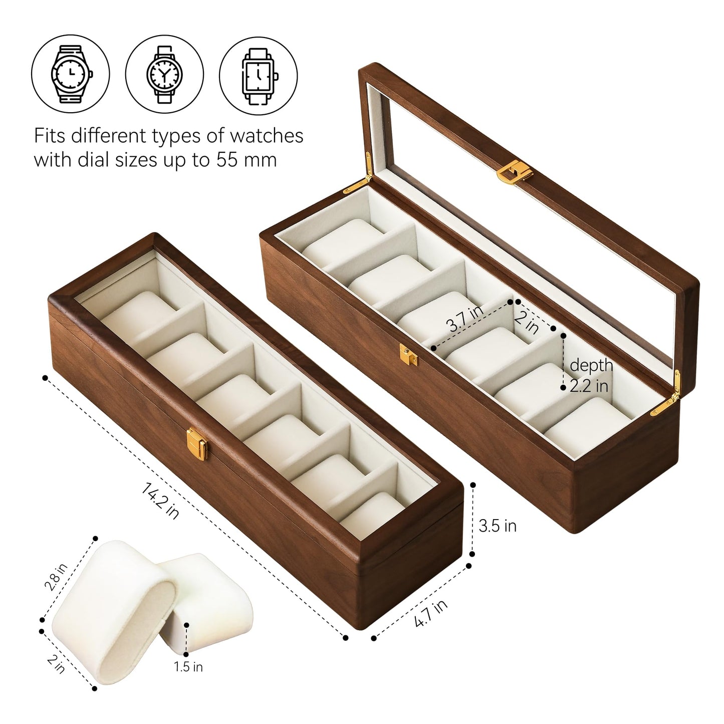 Solid Black Walnut Watch Box, 6 Slot Wooden Watch Organizer with Glass Lid, High-End Watch Display Case Jewelry Storage Box, Gift for Husband, Dad, Birthday, Anniversary, Father’s Day, Men and Women