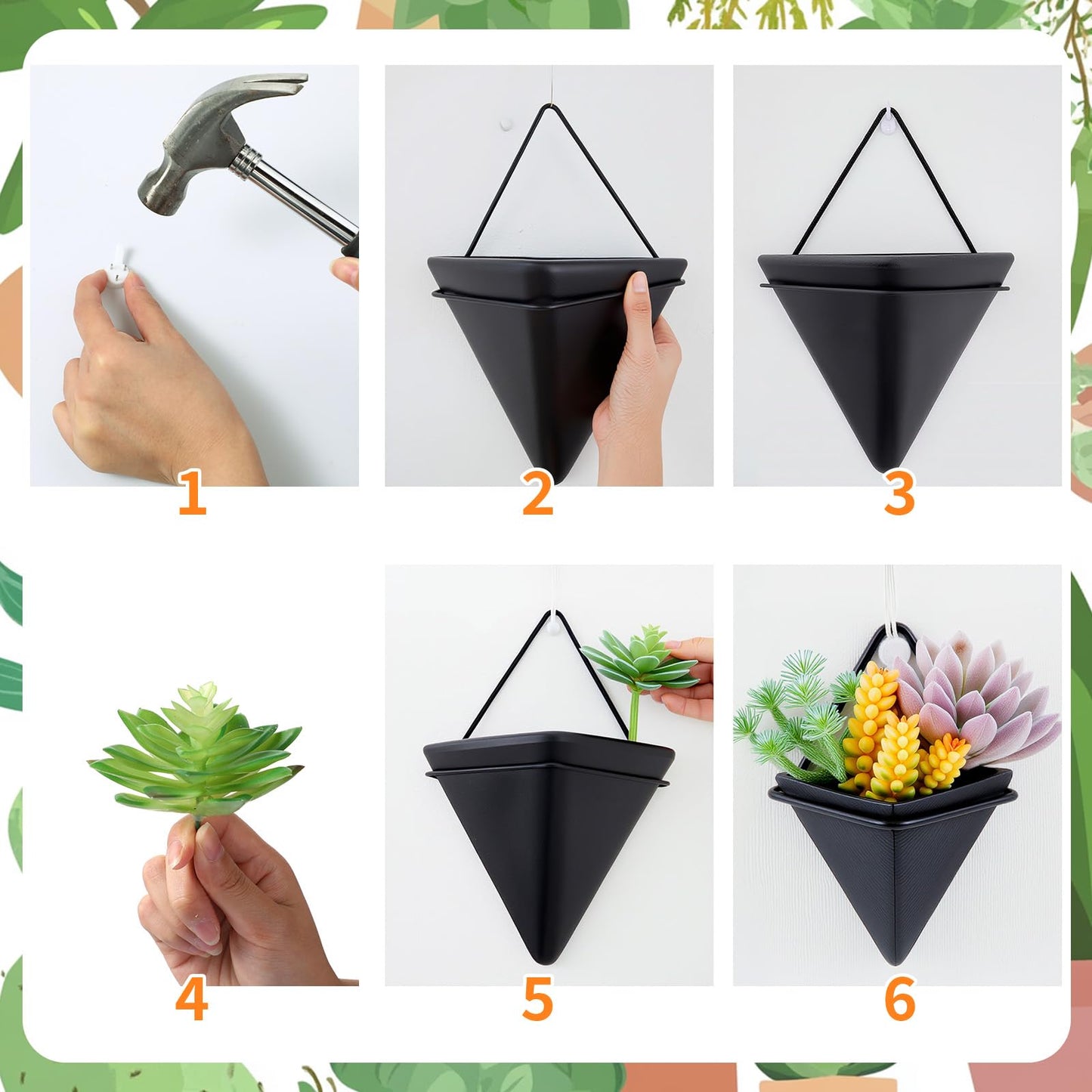 Rtteri 15 PCS Black Wall Hanging Planter Set with Artificial Succulents, 3 Ceramic Geometric Wall Planters in 3 Sizes, Modern Indoor Decor for Living Room Bathroom Office