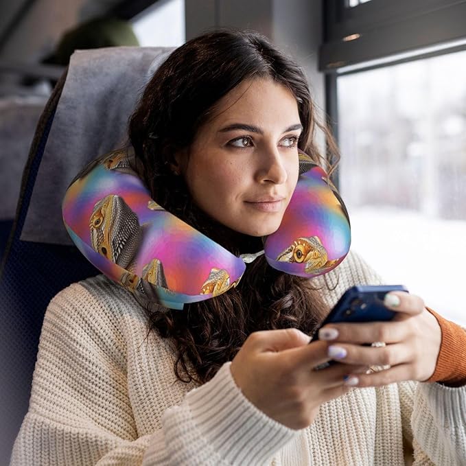 Neck Support Pillow, Comfortable Memory Foam Car/Flight/Airplane Chin Pillows U Shaped Cushion for Office Travel Sleeping Cute Bearded Dragon Lizards