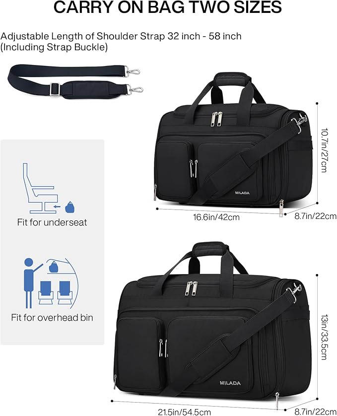 MILADA Underseat Carry On Luggage Bags for Travel Lightweight Foldable Carry On Bags for Airplanes Small Duffle Bag for Men Women Personal Weekend Overnight Travel Tote Bags, Black