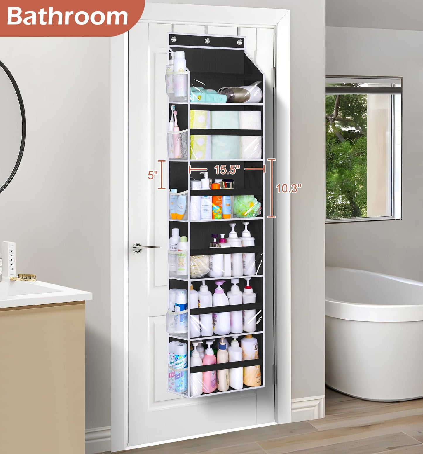 MISSLO Back of Door Storage Organizer Hanging with 6 Large Pockets 12 Side Pockets Closet Door Organizer Baby Organization for Bathroom, Pantry, Bedroom, Nursery, Clothes, Toys, Diapers, Black