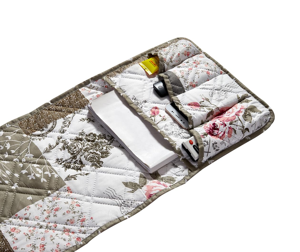 Brilliant Sunshine Pink Rose and Grey Toile Patchwork Couch Armrest Organizer, Non Slip Armchair Caddy for Sofa Recliner, Washable Remote Control Holder, Storage for Magazine, Phone, iPad (35"×13")