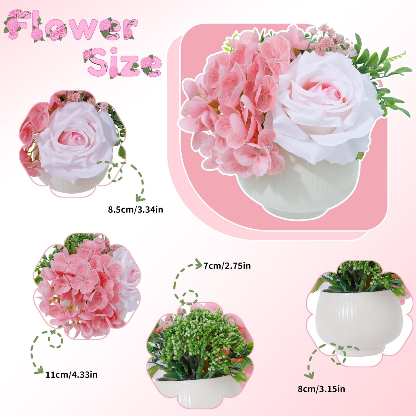 ucky Artificial Flowers with Ceramic Vase, Faux Pink Hydrangea and Light Pink Silk Roses Floral Arrangement, Small Potted Centerpiece for Dining Table, Farmhouse Kitchen Home Office Decor & Gift