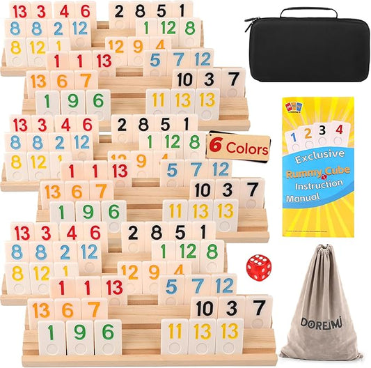 Premium Rummy Cube Game Set 6 Colors with 6 Wooden Holders and 162 Rummy Tiles, Travel Family Board Game for Adults and Kids Age 8+,Birthday Gifts for Women Men Dad Mom