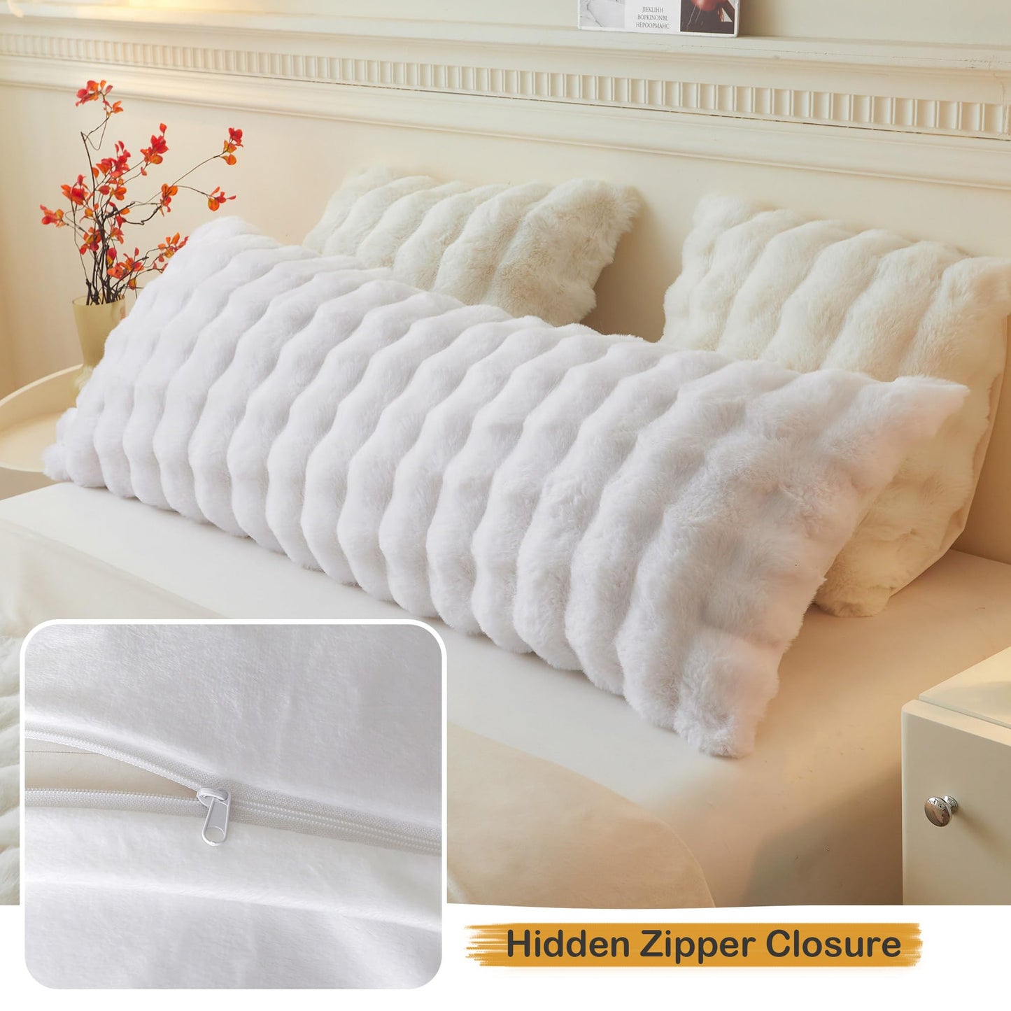 LIFEREVO Fluffy Faux Rabbit Fur Body Pillow Cover, Luxury Bubble Waffle Shaggy Plush Bed Body Pillowcase with Zipper Closure, Long 20"x54" Fuzzy Furry Pillow Case for Adults Kids Girls Teens, White