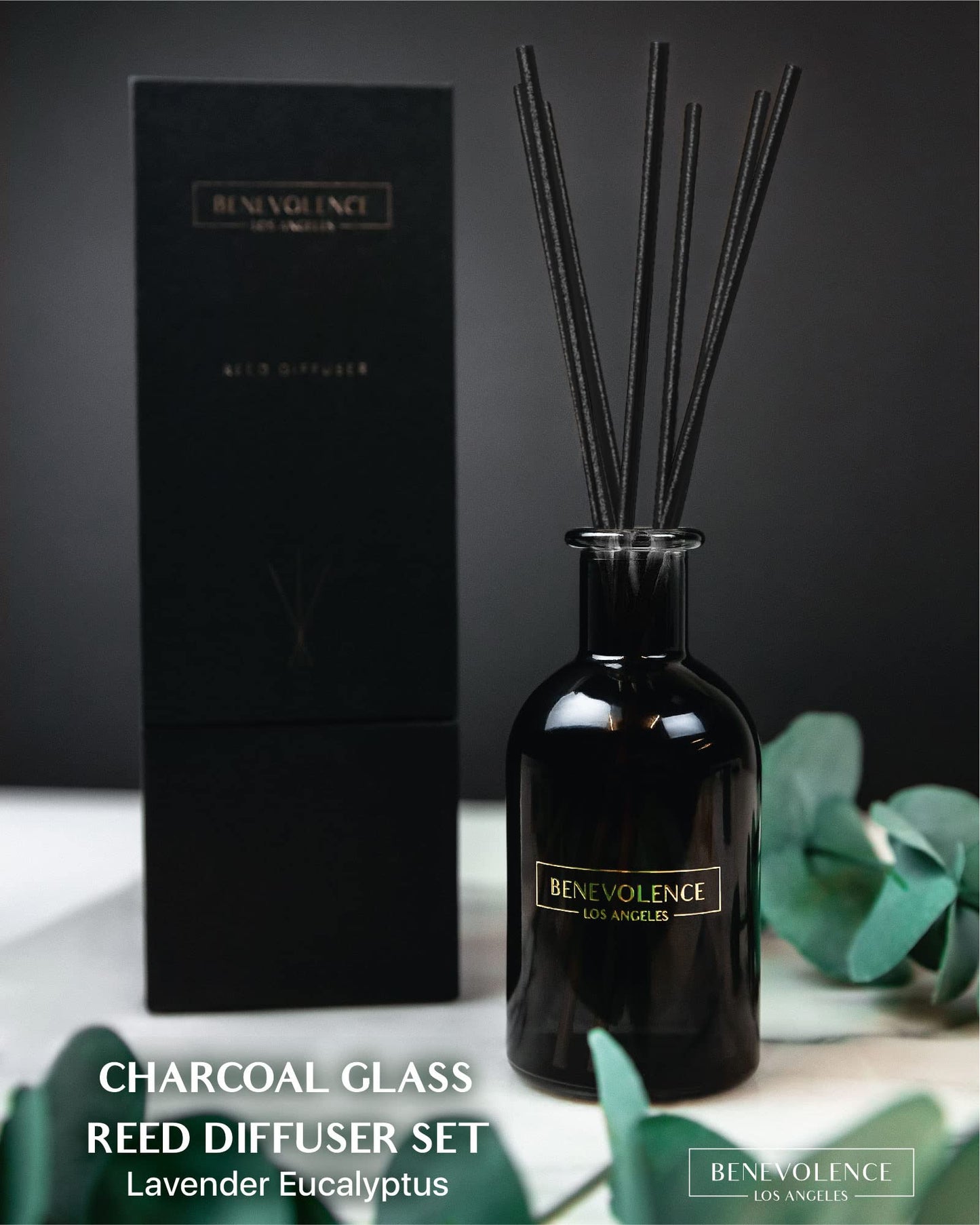Benevolence LA Premium Lavender & Eucalyptus Reed Diffuser Set – Essential Oil Diffuser for Home & Bathroom – Up to 120-Day Fragrance with Rattan Sticks & Gift Box – Charcoal Glass Room Décor