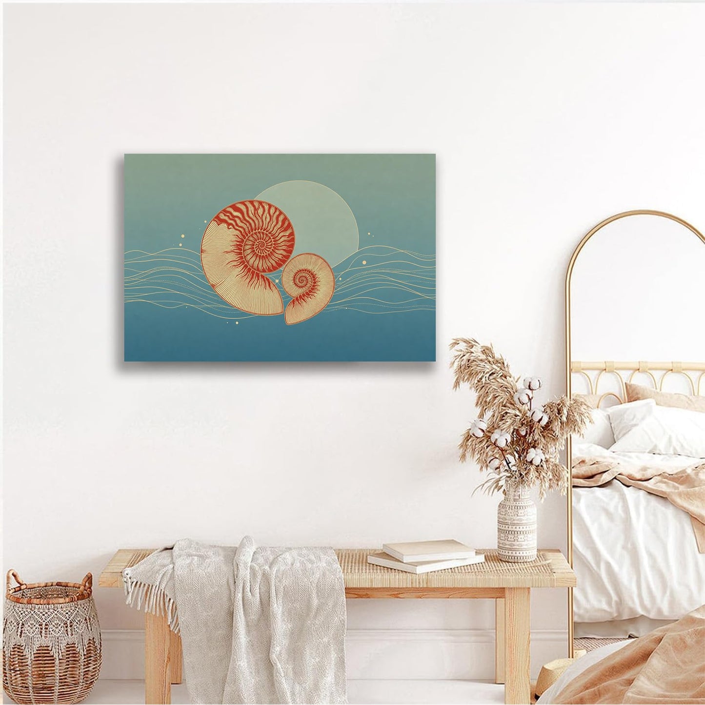 Nautilus Shell Coastal Bold Spiral Sea Print Wall Art Canvas Print Coastal Decor for Bathroom (Framed,8x12inch)