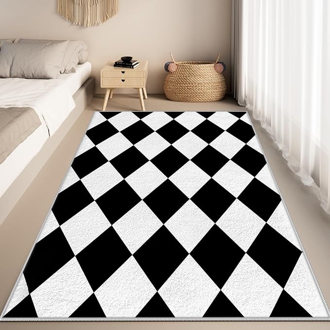 Checkered Rug, Black White Rug, Washable Rugs 3x5, Geometric Rhombus Plaid Area Rugs, Grid Gingham Carpet for Living Room Non Slip Home Decor
