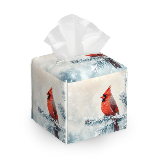 Leather Tissue Box Holder Winter Cardinal Bird Tissue Box Cover Square Waterproof Holder Organizer Modern Napkin Holder for Bedroom Dresser Night Stand Office Desk