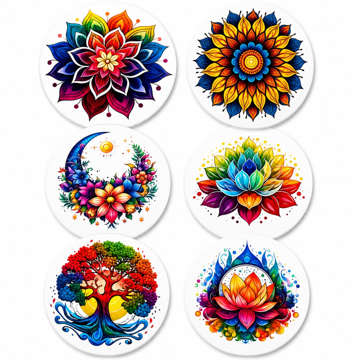 Mandala Ceramic Coasters Set of 6 with Holder – 4 Inch Absorbent Drink Coasters with Cork Backing