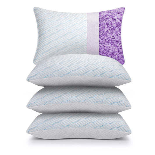 WISHSMILE King Size Shredded Memory Foam Pillows, Cooling King Pillows 4 Pack, Adjustable Height Firm Support, Double-Sided Polyester & Ice Silk Cover, Washable Bed Pillows for Home, King 20×36 Inch