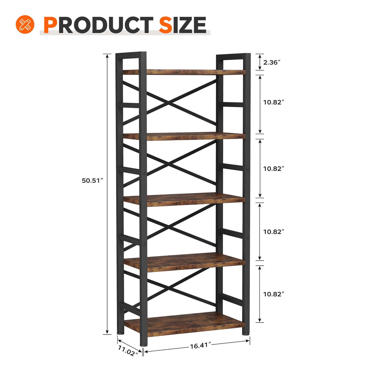 Organization and Storage, 5 Tier Bookshelf, Tall Bookcase with Shelves, Wood and Metal Book Shelf Storage Organizer, Industrial Display Standing Shelf Unit for Bedroom, Living Room, Rustic Brown