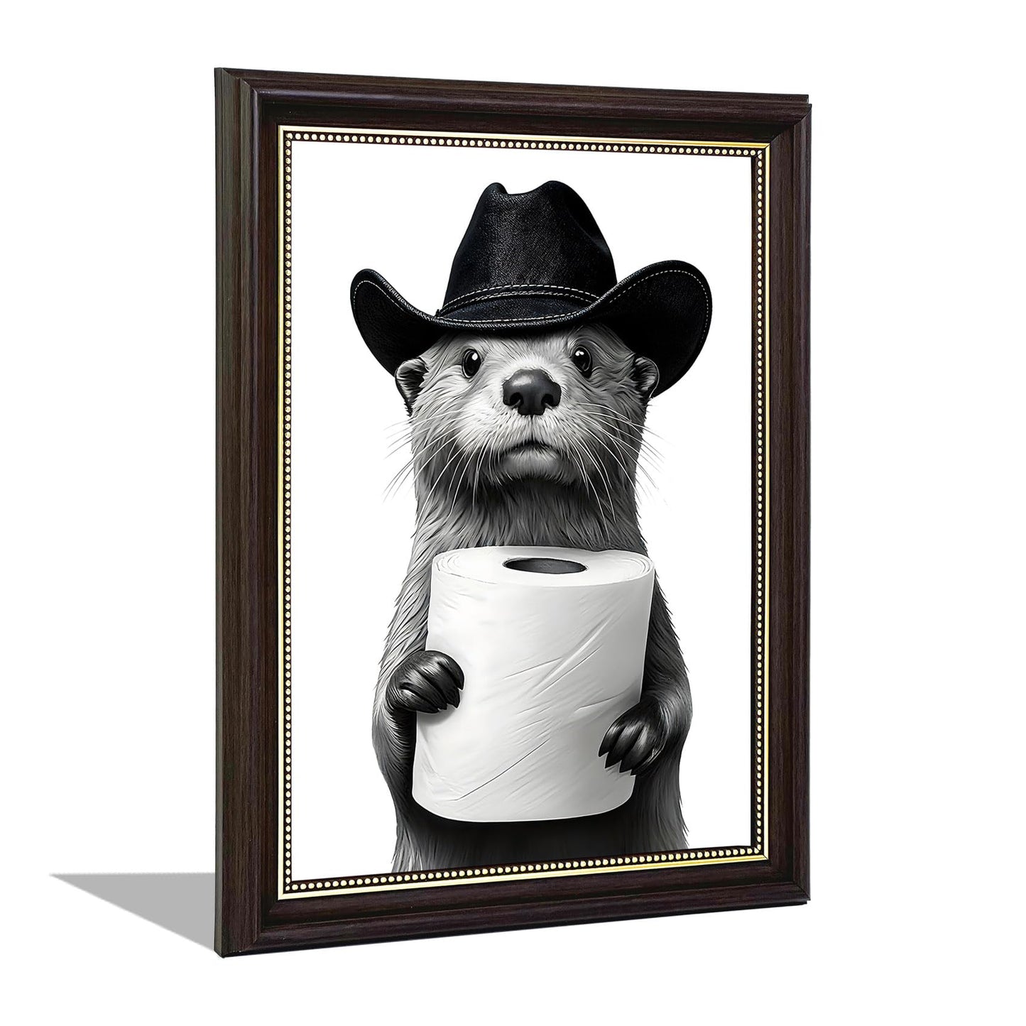 RVETNGVM Funny Otter Bathroom Wall Art - Cowboy Otter with Toilet Paper Print, Black and White Whimsical Animal Art for Guest Bathroom, Otter Lover Gift, Humorous Bathroom Decor 9x11 Inch