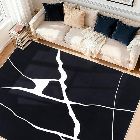 YIHOUSE Abstract Washable Rug 6x9,Ultra Thin Non Slip Black Rugs for Living Room,Modern Minimalist White Stripe Rugs for Bedroom,Dining Room Office Playroom (6'x9',Black-1)