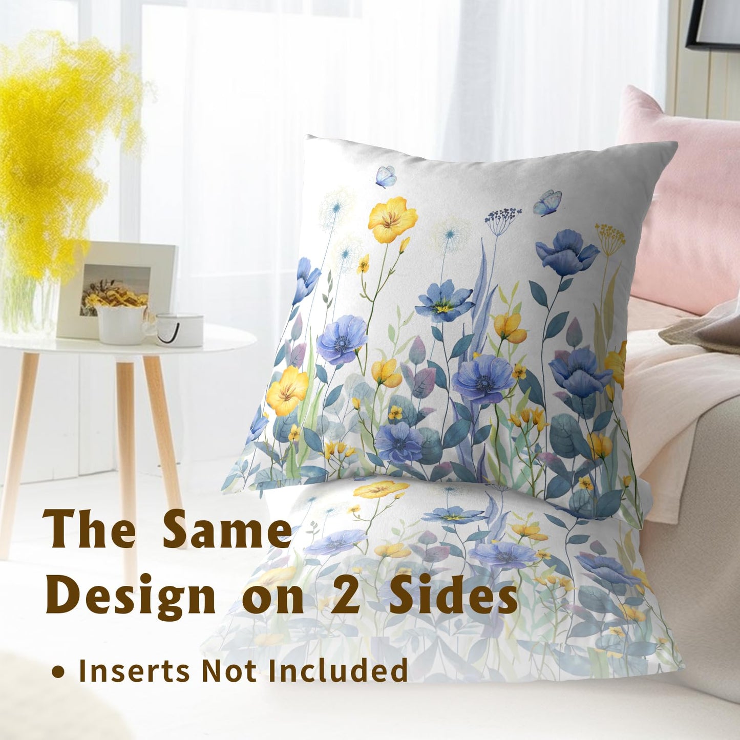 Imiss Blue Yellow Flowers Pillow Covers 18x18 Inch Set of 2, Poppy Floral Square Cushion Covers Spring Summer Seasonal Decor Pillowcase for Living Room Sofa Bedroom