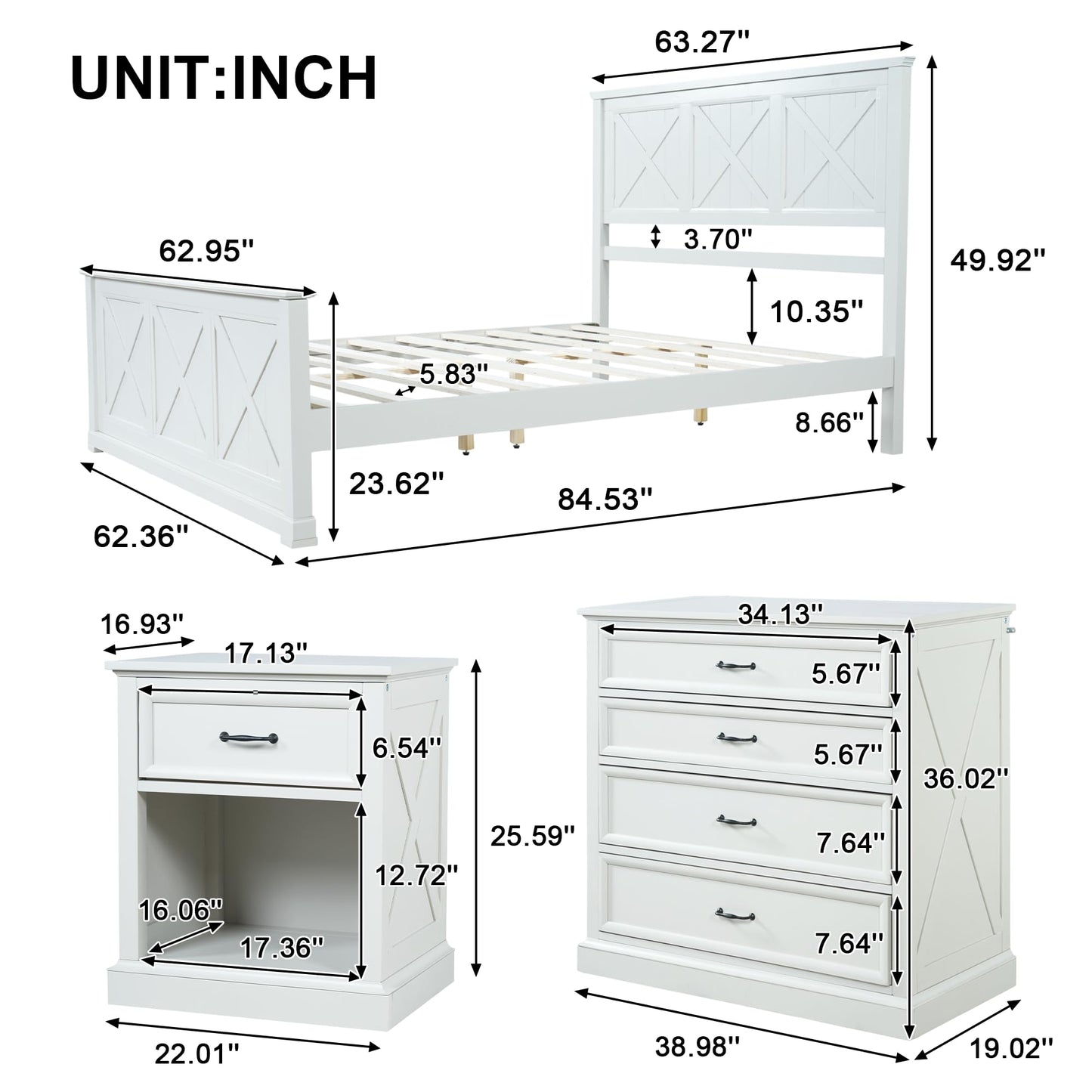 Harper & Bright Designs 4 Piece Bedroom Set, Rustic Queen Size Bedroom Furniture Sets with Storage Nightstands and 1 Dresser, Bedroom Furniture Sets with Wood Platform Bed Frame for Bedroom, White