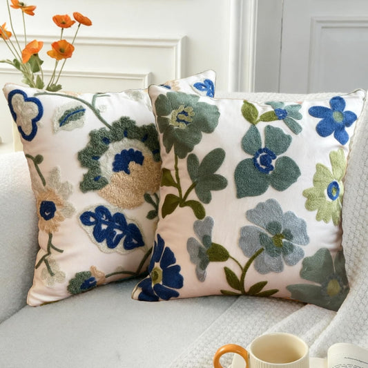 Loezexir Embroidered Throw Pillow Cover 18"x18" Set of 2,Western Boho Blue Spring Floral Decorative Pillowcase Farmhouse Aesthetic Cushion Cover Pillow Case for Outdoor Couch Sofa