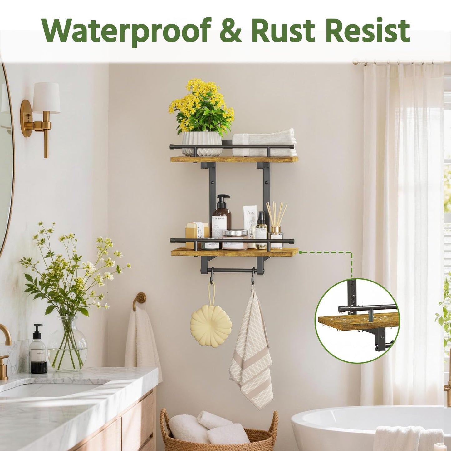 LASZOLA Floating Plant Shelves Holder Wall Mounted Indoor, 2 Pack Plant Hangers Stand with 4 Hooks, Metal and Wood Flower Hanging Display for Bedroom Living Room Kitchen Office Bathroom Decor, Brown