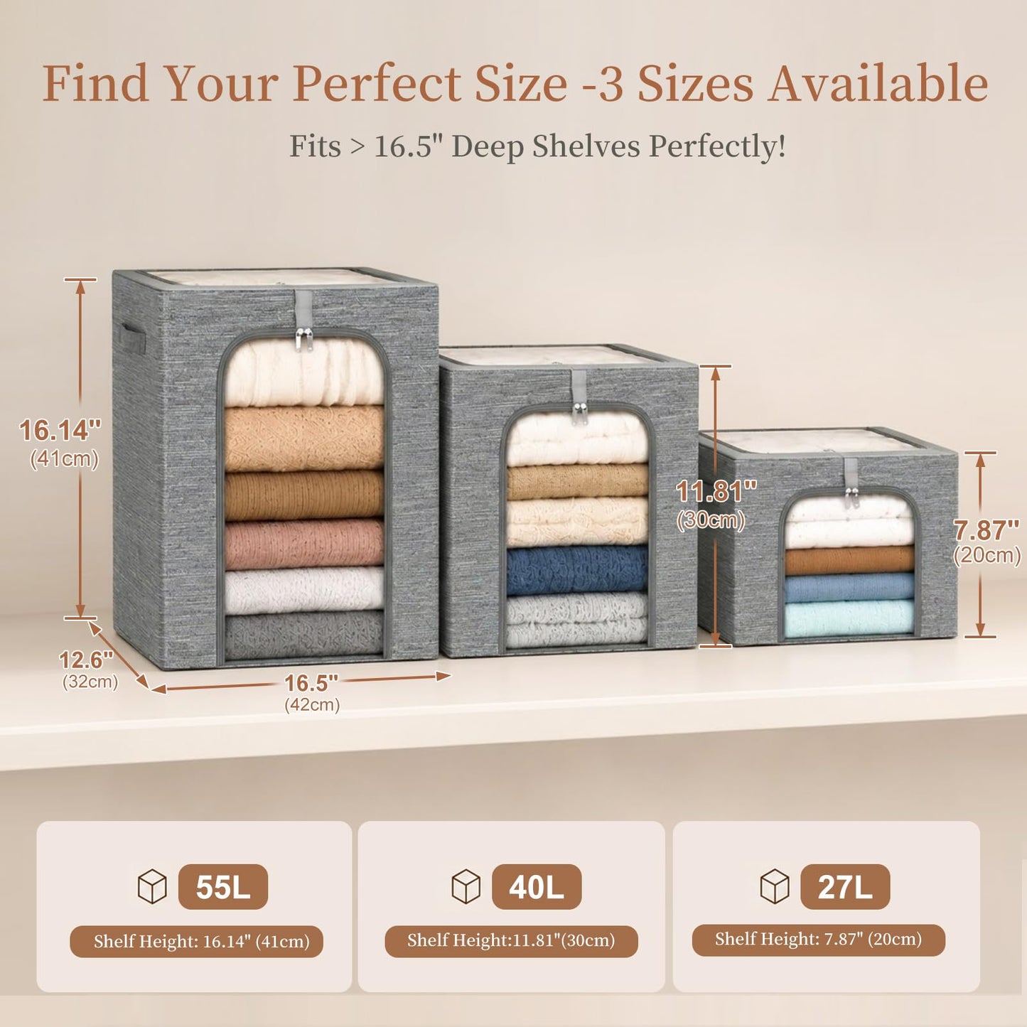 GoMaihe Clothes Storage Bin with Metal Frame: 6-Pack Stackable Closet Storage Bin with Lid & Clear Window, Sweater Boxes Storage for Closet Bedding Clothing Storage Organizer 40L