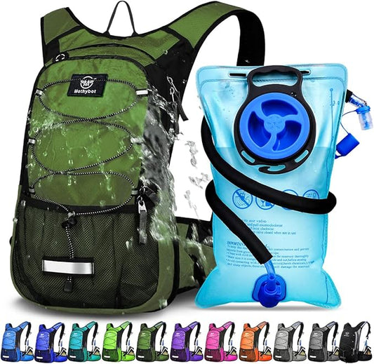 Mothybot Insulated Hydration Backpack Pack with 3L BPA Free Leak Proof Water Bladder, Large Storage Lightweight Hiking Daypack with Waist Pouches & Cooler Layer, for Running, Biking, Camping, Festival