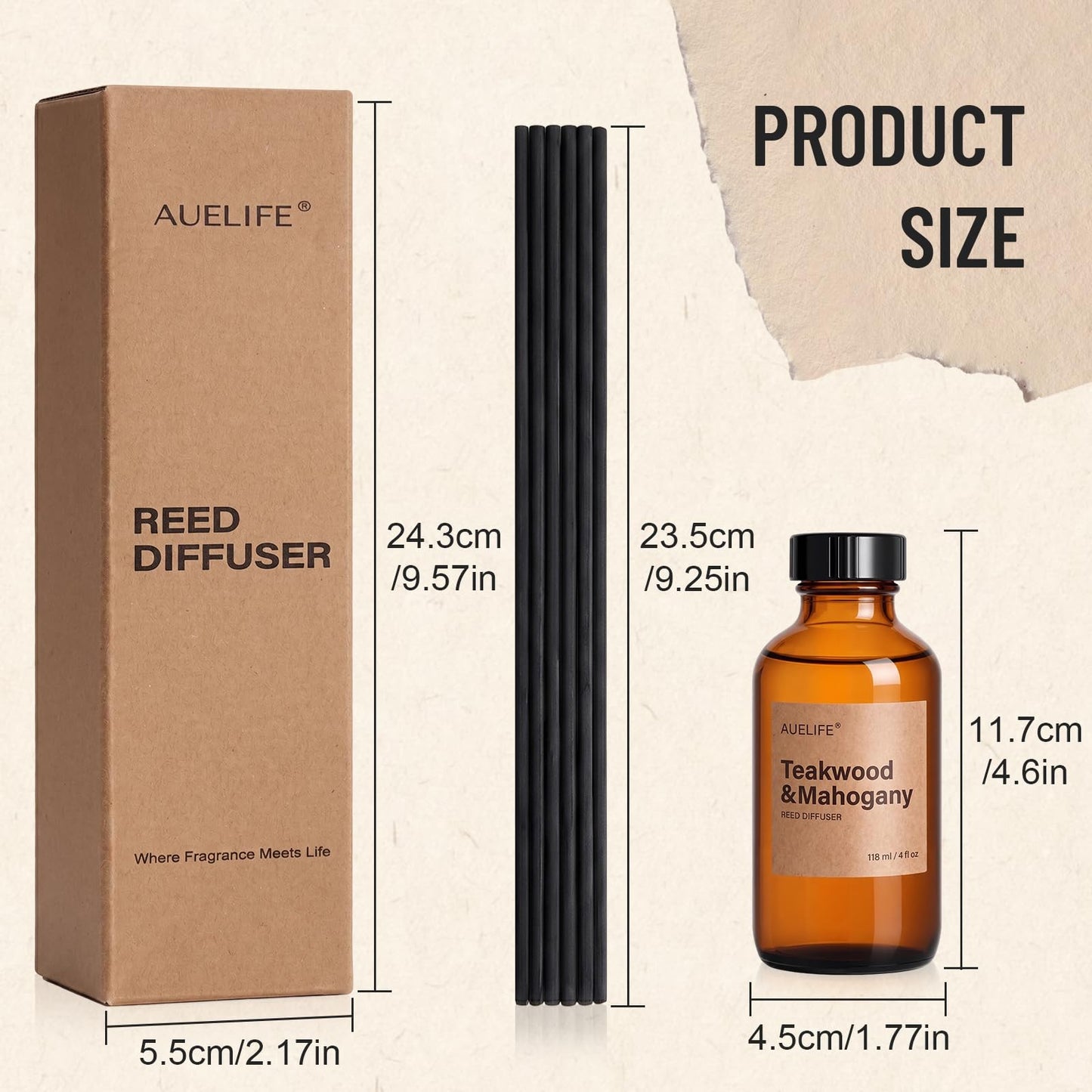 Auelife Reed Diffuser Set, Teakwood & Mahogany 2 Pack 8 Fl Oz Scented Diffuser with Fiber Sticks, Home Fragrance Reed Diffuser for Bathroom Shelf Decor, Bedroom, Office & Housewarming Gift