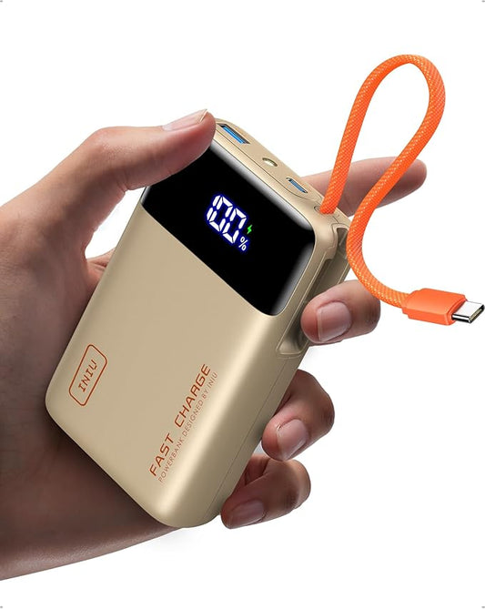 INIU 45W Portable Charger, Smallest 20000mAh Power Bank with Build in USB-C Cable, Fast Charging USB C in&Out Battery Pack, Travel Phone Charger for iPhone 17 16 15 Air Samsung S25 S24 Google, Beige