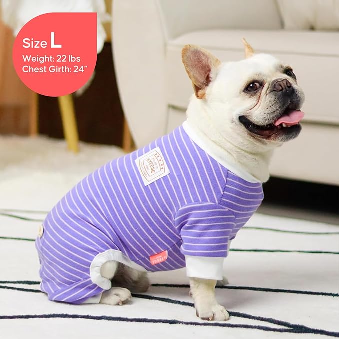 KYEESE Dog Pajamas Striped Pet Jumpsuit Soft Doggie Jammies Lightweight Onesie 4 Legs PJS Stretchable Dog Pajamas Breathable Costumes Comfortable Sleepwear for Small Dogs,Purple Striped, X-Large