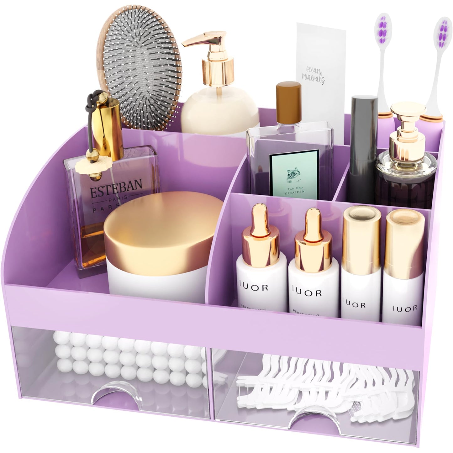 Makeup Organizer with Drawers, Cosmetic Storage for Dresser Vanity and Bathroom Countertop, Beauty Holder for Lipstick Brush, Skincare Organizer for Vanity, Cosmetic Display Case (Purple)