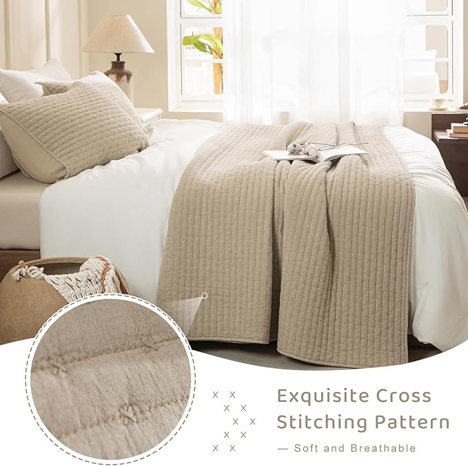 Sanracie Stonewashed Cotton Coverlet King Size(110"x98"), Dark Wheat Colored Cross Stitch Pattern Quilt Bedding Set 3Pcs Extra Soft Breathable Crinkle Quilted Bedspread Set for All Season