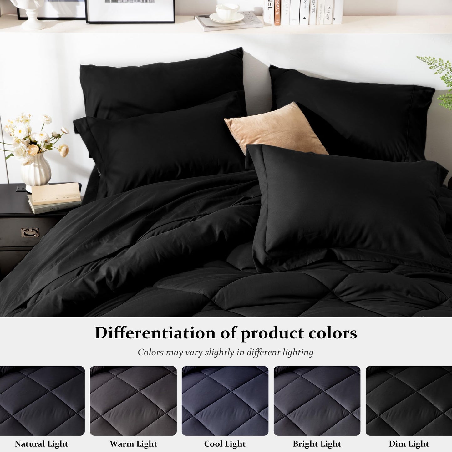 Newspin Full Comforter Set Black - Bed in a Bag Full Size 8 Pieces, All Season Bed Set, Fluffy Comforter Set with Sheets, Sheet Set Quilt Blanket, Pillowcases & Shams & Bed Skirt