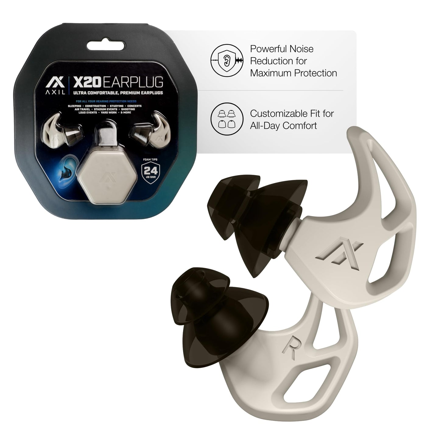 AXIL X20 Noise Reduction Ear Plugs - Bone - Customizable Fit Hearing Protection for Sleeping, Festivals, Live Events and Sports – 24dB Reusable Foam and Silicone Eartips with Carrying Case