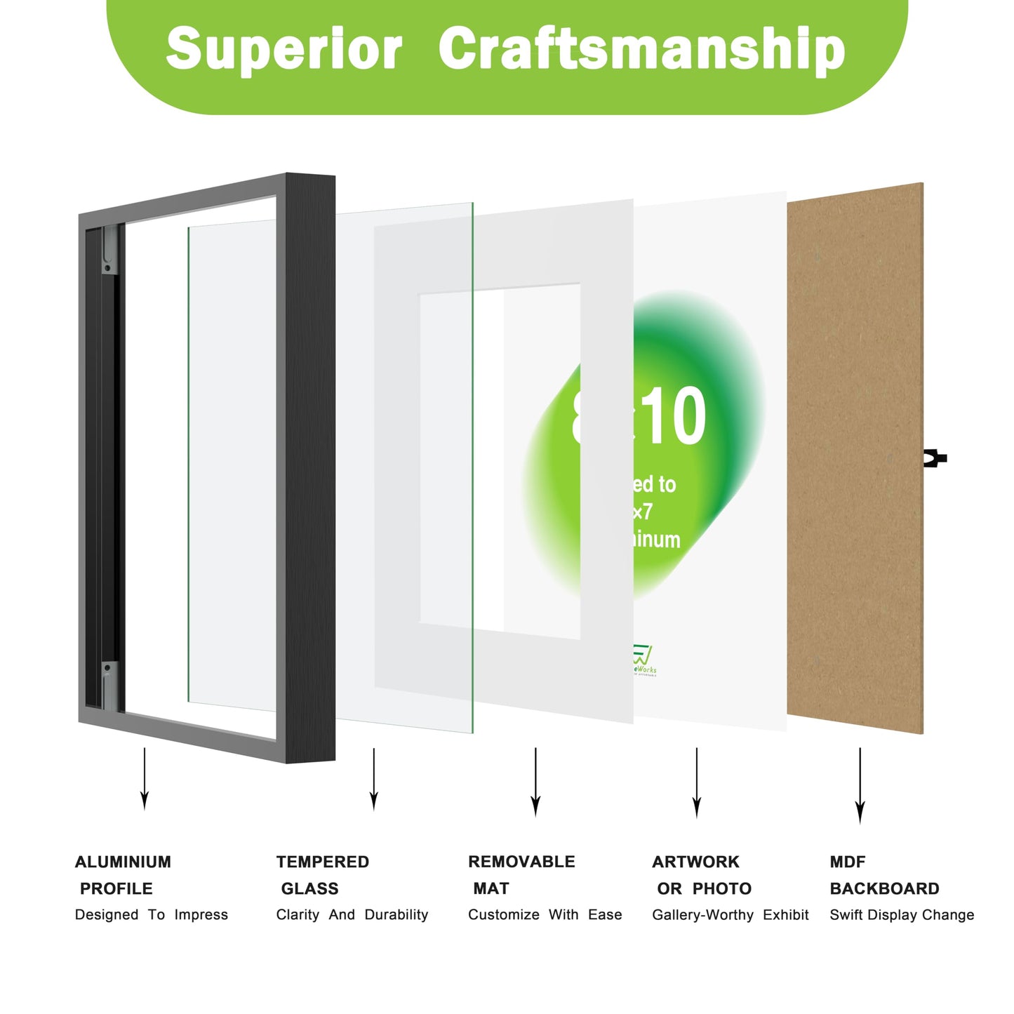 FrameWorks 8x8 Matted to 4x4 Picture Frame – Aluminum Frame w/Tempered Glass, Removable Mat for Photos, Posters, Art, Stylish Wall Frame for Home Decor, Gallery Walls, Office, Living Room - Gold