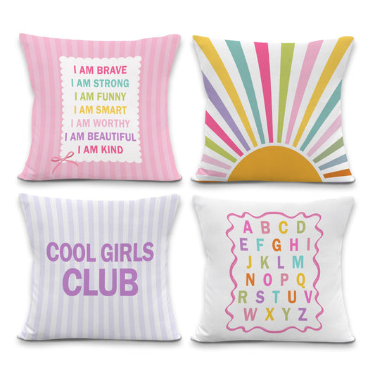 Lengues Funny Boho Nursery Pillow Covers 18x18 inches, Kids Playroom Decor Throw Pillow Covers, Inspirational Alphabet Sunshine Decorative Pillowcases for Kids Girls Room Bedroom Couch, Set of 4