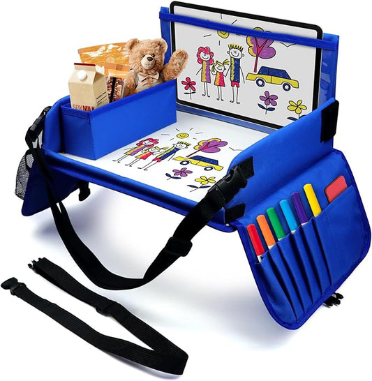 Julaiwy Travel Tray for Kids, Carseat Table Tray for Road Trip Activities, Toddler Lap Desk Organizer for Airplane - Blue