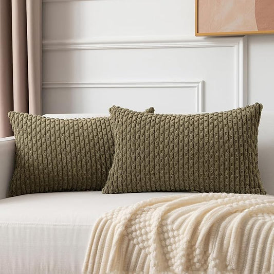Kevin Textile Pack of 2 Corduroy Decorative Throw Pillow Covers 12x20 Inch Soft Boho Striped Pillow Covers Modern Farmhouse Home Decor for Sofa Living Room Couch Bed Olive Green