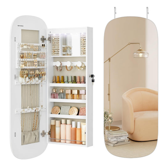 SONGMICS Jewelry Organizer, LED Jewelry Cabinet Wall/Door Mounted, Lockable Rounded Wide Mirror with Storage, Interior Mirror, 3.9 x 16.5 x 42.5 Inches, White Surface with Greige Lining
