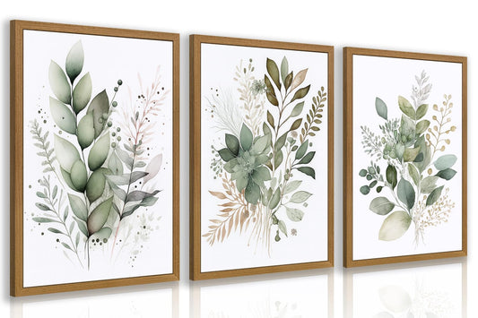 HLXRAE Watercolor Botanical Wall Art Set of 3, Neutral Sage Green Bathroom Wall Decor, Modern Floral Canvas Paintings, Minimalist Farmhouse Poster Prints for Bedroom Living Room Wood Framed 12x16 Inch