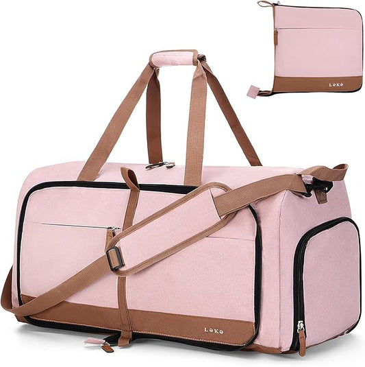 Lekesky Foldable Travel Duffel Bag for Women, 80L Large Duffle Bag with Separate Shoes Compartments & Straps, Carry On Weekend Bag for Women, Hospital, Overnight(Pink)