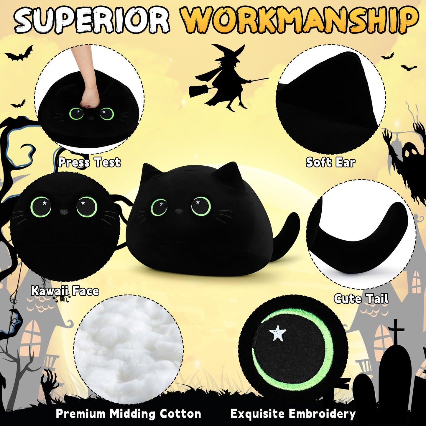 19'' Black Cat Plush Toy- Giant Black Cat Stuffed Animal, Large Plushie Toy Kawaii PlushiesGreen Star Eyes Cat Plush Pillow, Decor Plush Toys Plushie Christmas Birthday Gift for Kids